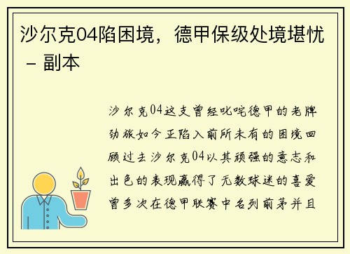 沙尔克04陷困境，德甲保级处境堪忧 - 副本